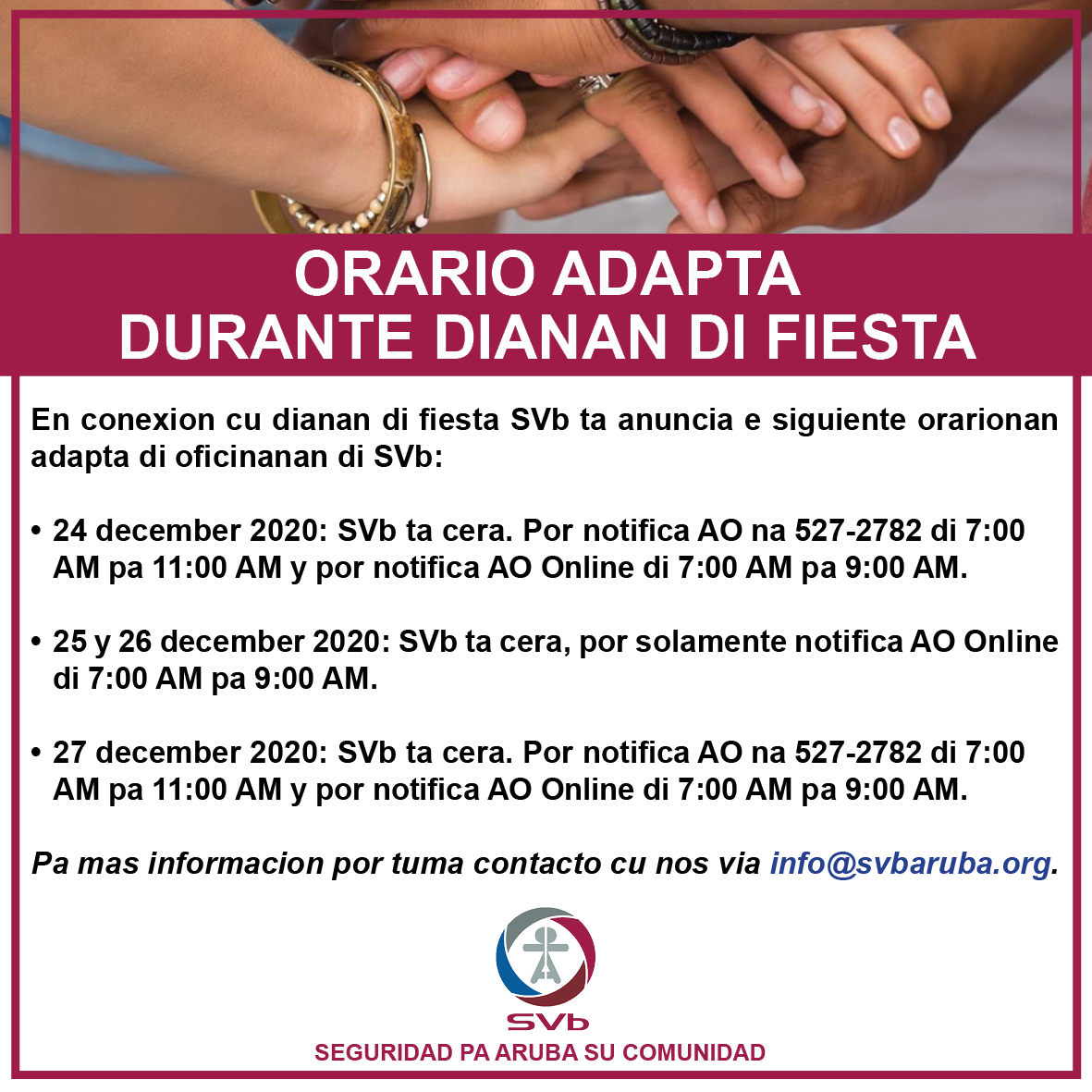 Orario SVb durante dianan di fiesta 2020